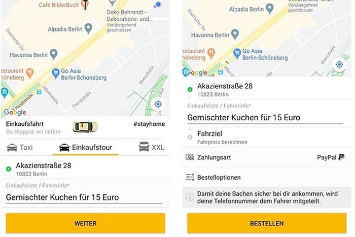 Screenshot Taxi-App "Einkaufstour"